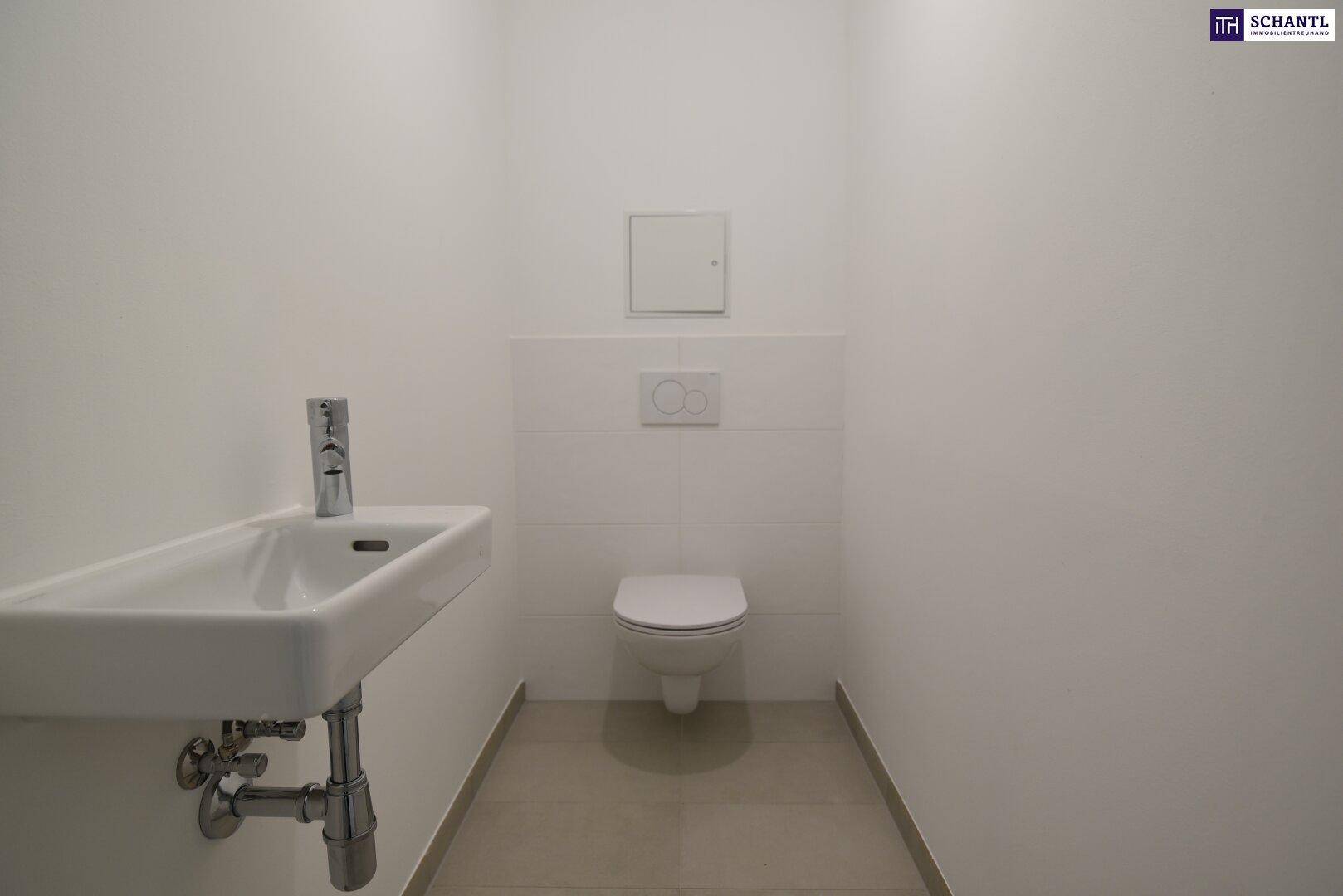 Modernes Gäste-WC mit wandhängender Toilette und kleinem Handwaschbecken.