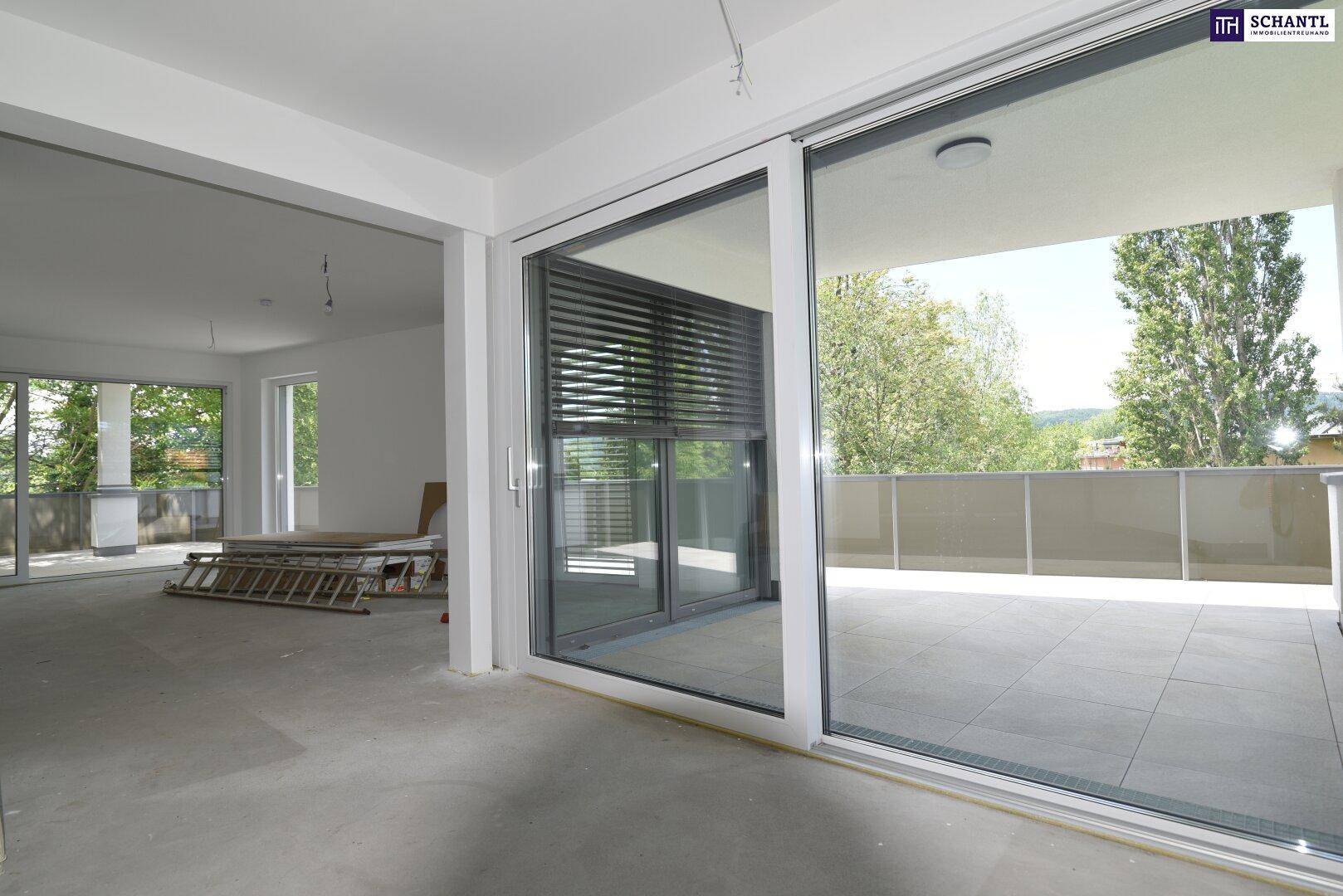 Geräumiger Wohnbereich mit großen Schiebetüren, die zur Terrasse führen, und viel Tageslicht.