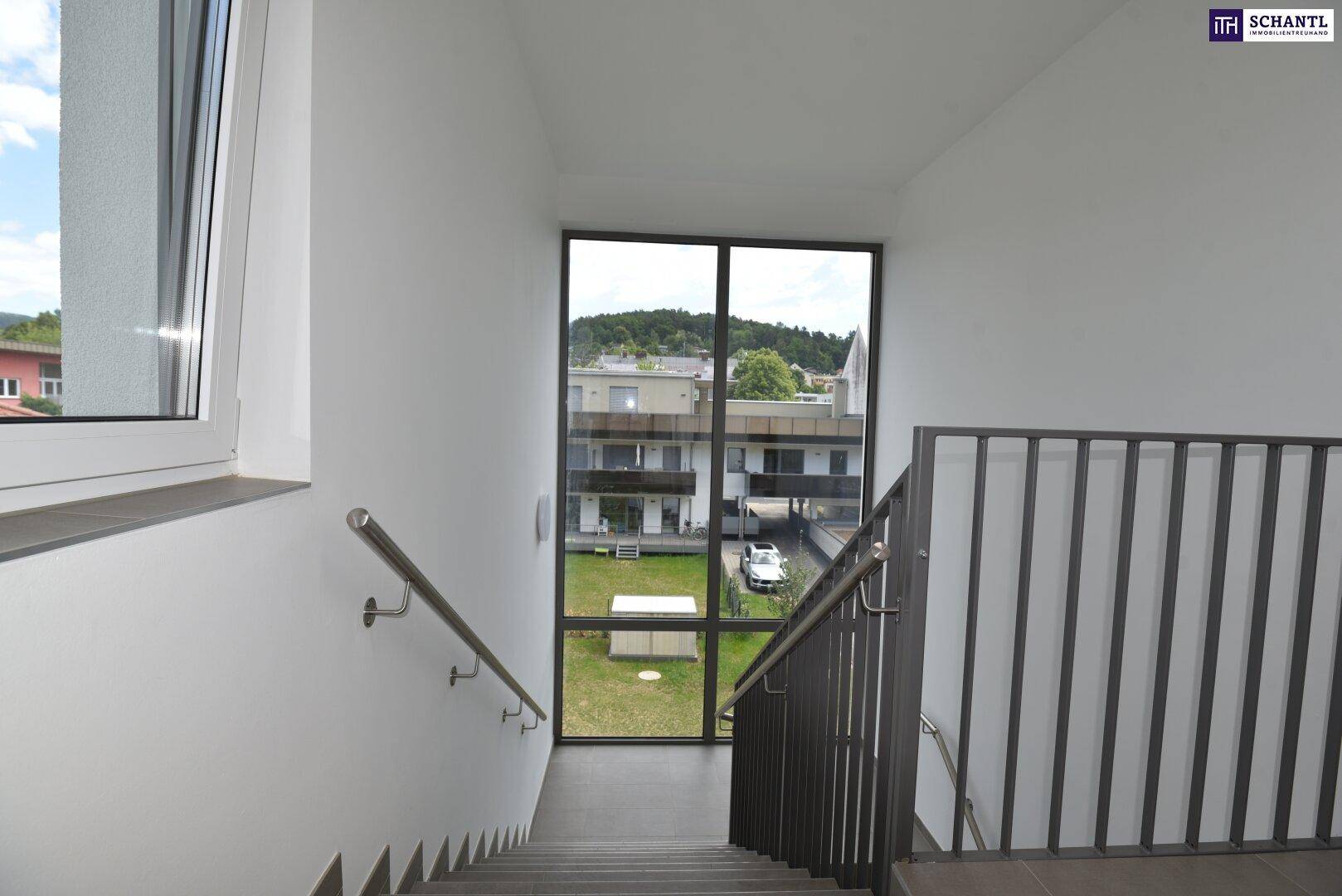 Treppenhaus mit großen Fenstern und Blick auf die umliegenden Gebäude und Grünflächen.