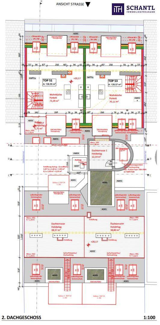 Grundriss des zweiten Dachgeschosses mit Wohnbereichen und Dachschrägen.