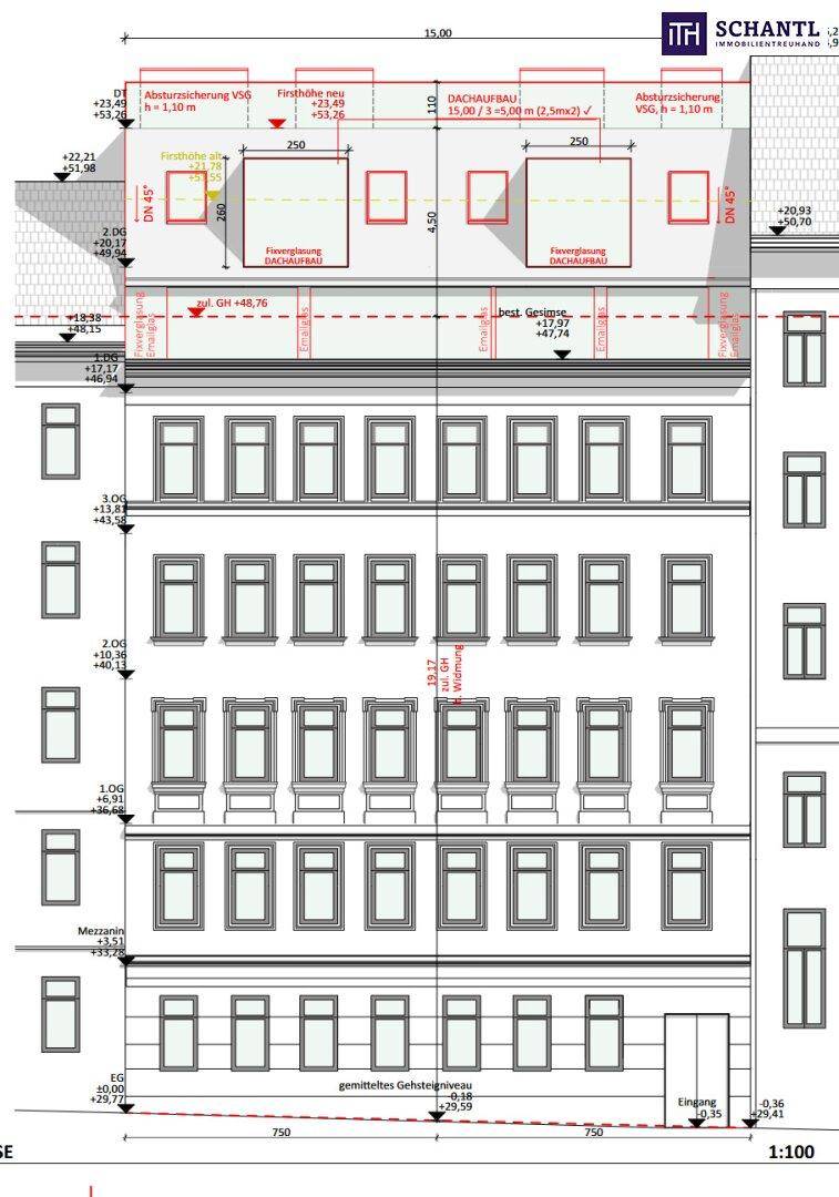 Ansicht der Straßenfassade mit Fensterreihen und geplanten Dachaufbauten.