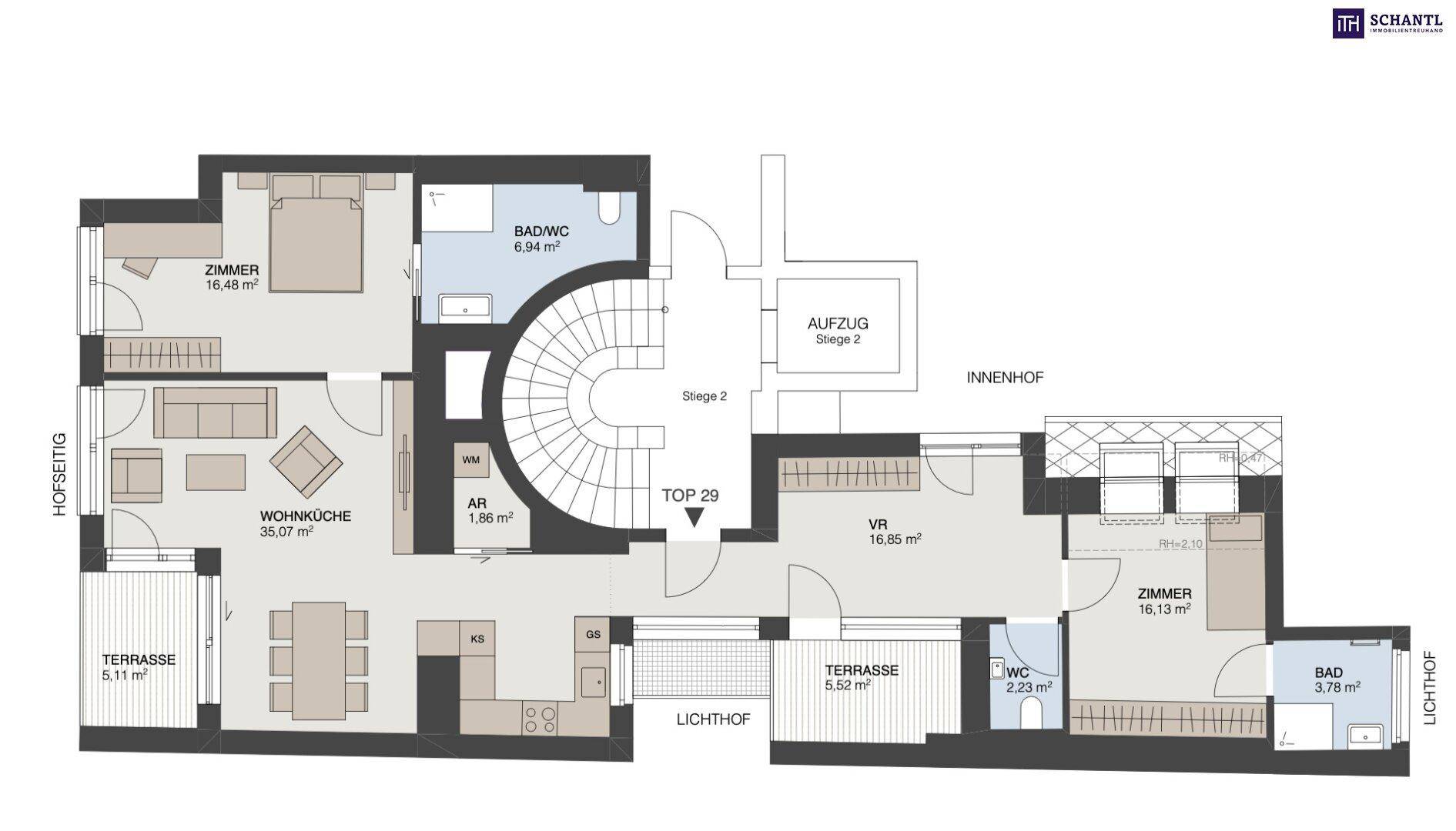 Detaillierter Grundriss der Wohnung mit zwei Terrassen, Wohnküche und Schlafzimmern.