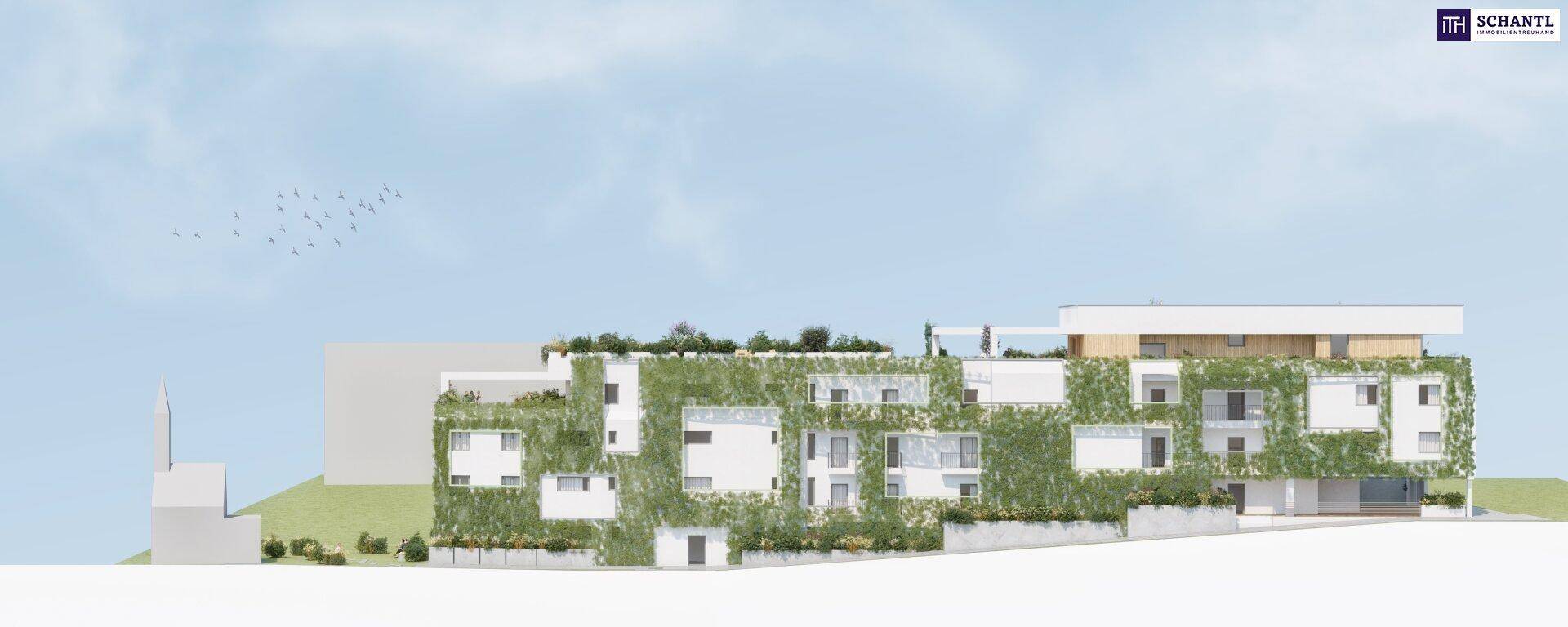 Architektonische Darstellung der Gebäudefassade mit vertikaler Begrünung und Terrassen auf verschiedenen Ebenen.