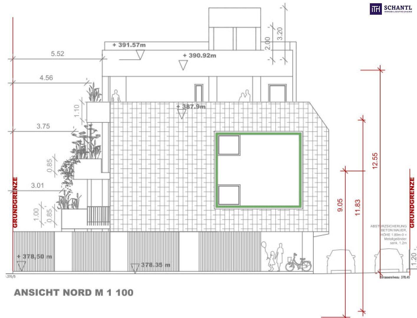 Architektonischer Schnitt der Nordfassade mit gestuften Terrassen und vertikaler Begrünung.