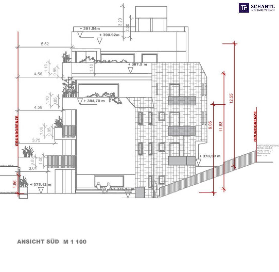 Architektonischer Schnitt der Südfassade mit gestuften Terrassen und vertikaler Begrünung.