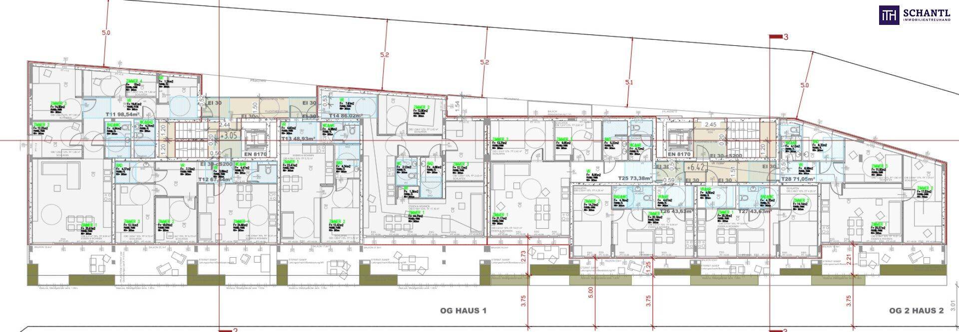 Gesamtgrundriss der Obergeschosswohnungen in Haus 1 und 2 mit Balkonen und verschiedenen Grundrissen.
