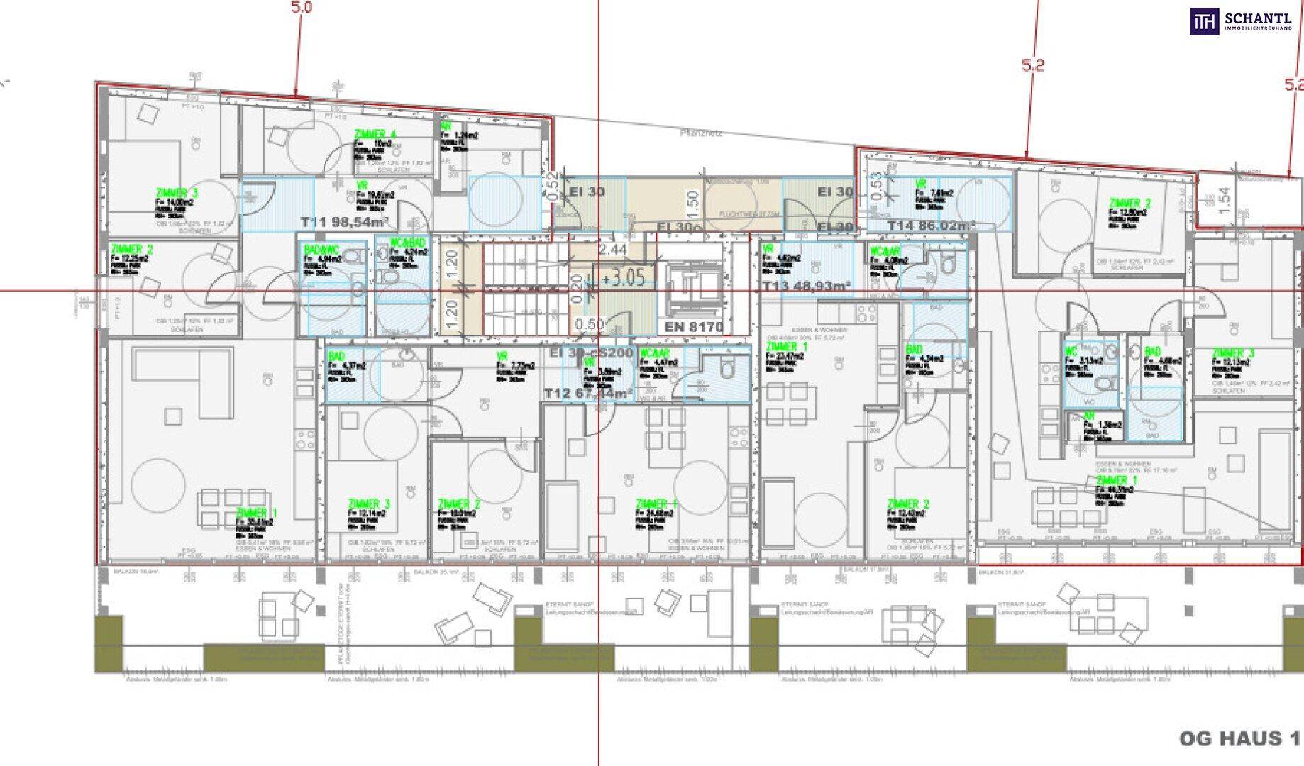 Detailansicht des Grundrisses der Obergeschosswohnungen in Haus 1 mit Balkonzugang.
