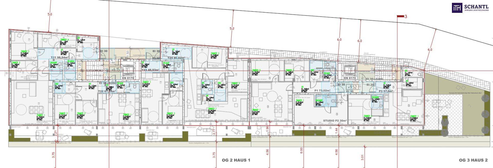 Gesamtgrundriss der Obergeschosswohnungen in Haus 1 und 2 mit Balkonen und unterschiedlichen Wohnflächen.