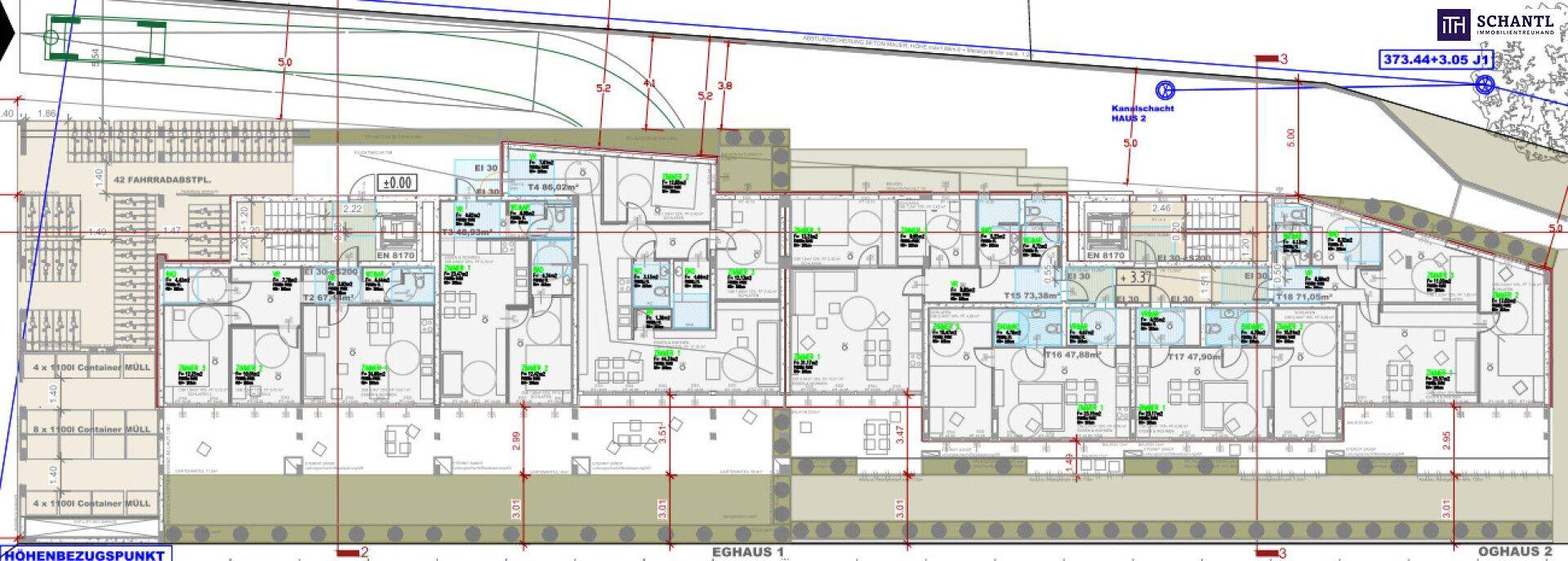 Gesamtgrundriss der Erdgeschosswohnungen in Haus 1 und 2 mit verschiedenen Raumaufteilungen.