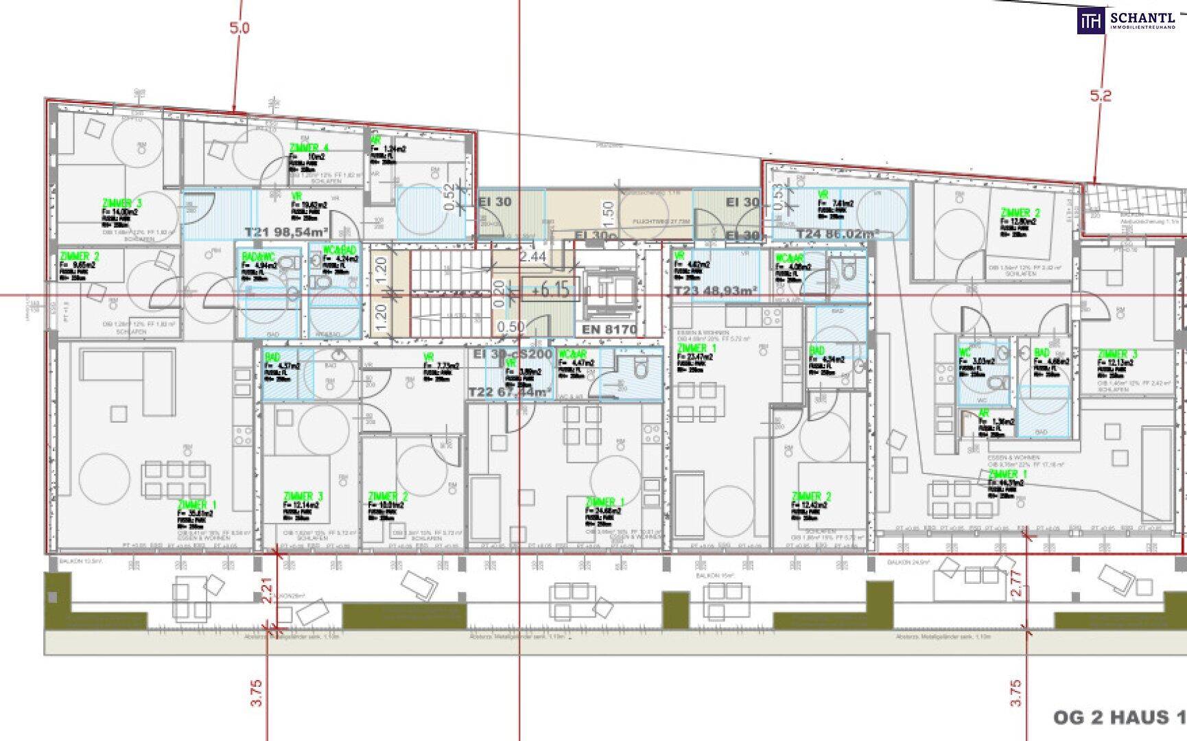 Detailansicht des Grundrisses der Obergeschosswohnungen in Haus 1 mit Balkonen und funktionaler Aufteilung.