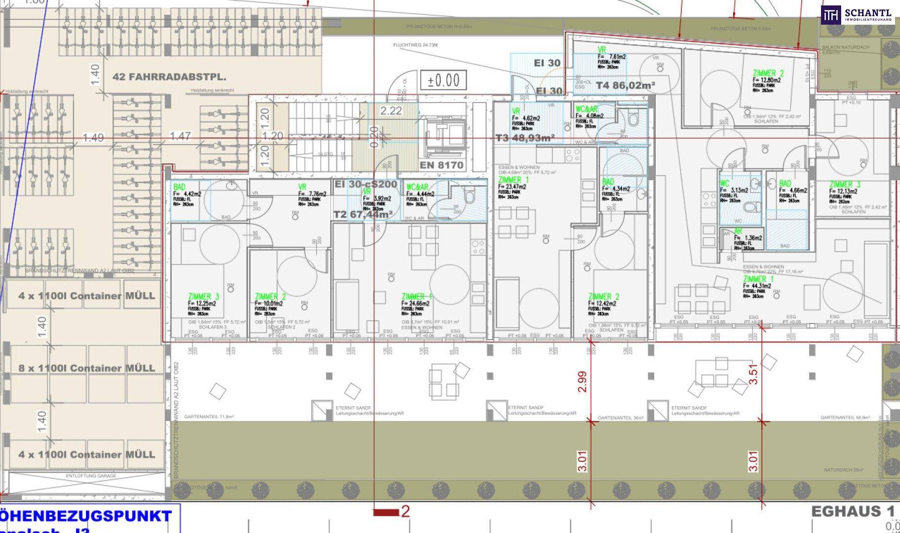 Detailansicht des Grundrisses der Erdgeschosswohnungen in Haus 1 mit Terrassen und Garten.