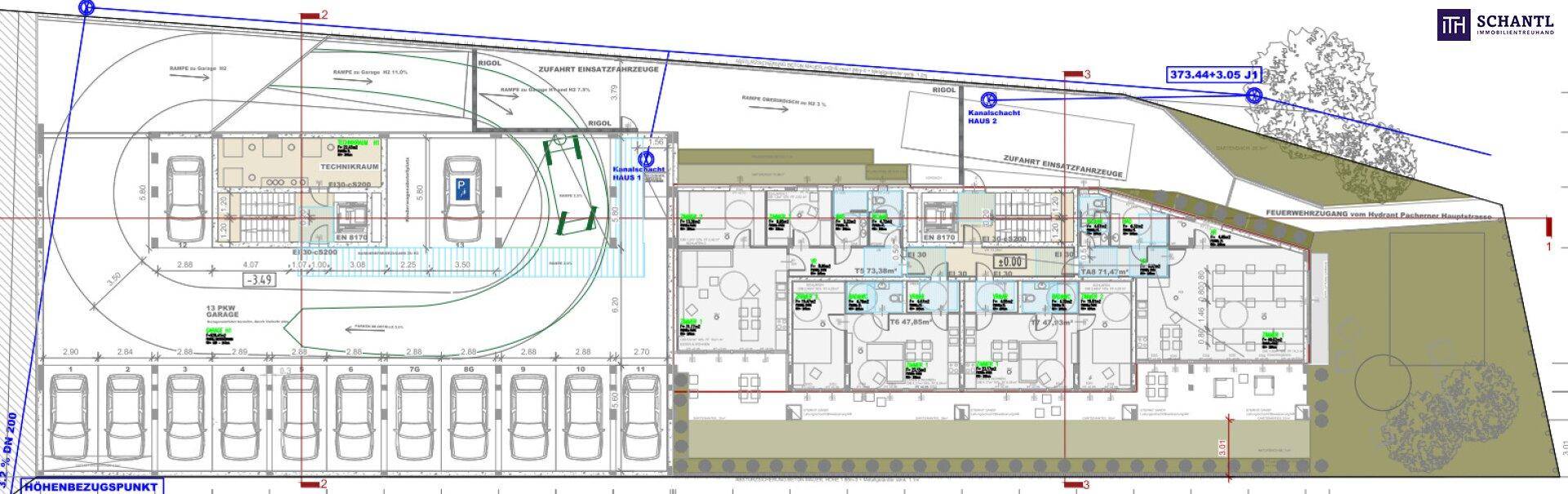 Kombinierter Grundriss von Tiefgarage und Erdgeschosswohnungen mit Außenbereichen.