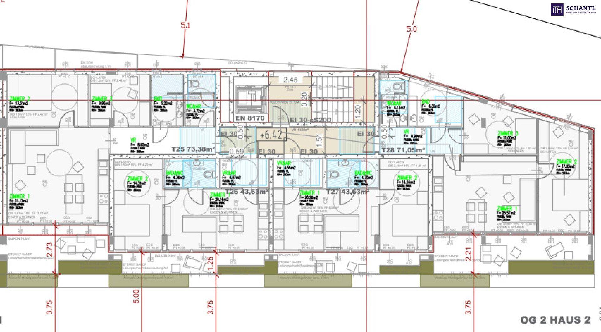Detailansicht des Grundrisses der Obergeschosswohnungen in Haus 2 mit Balkonen und effizienter Nutzung.