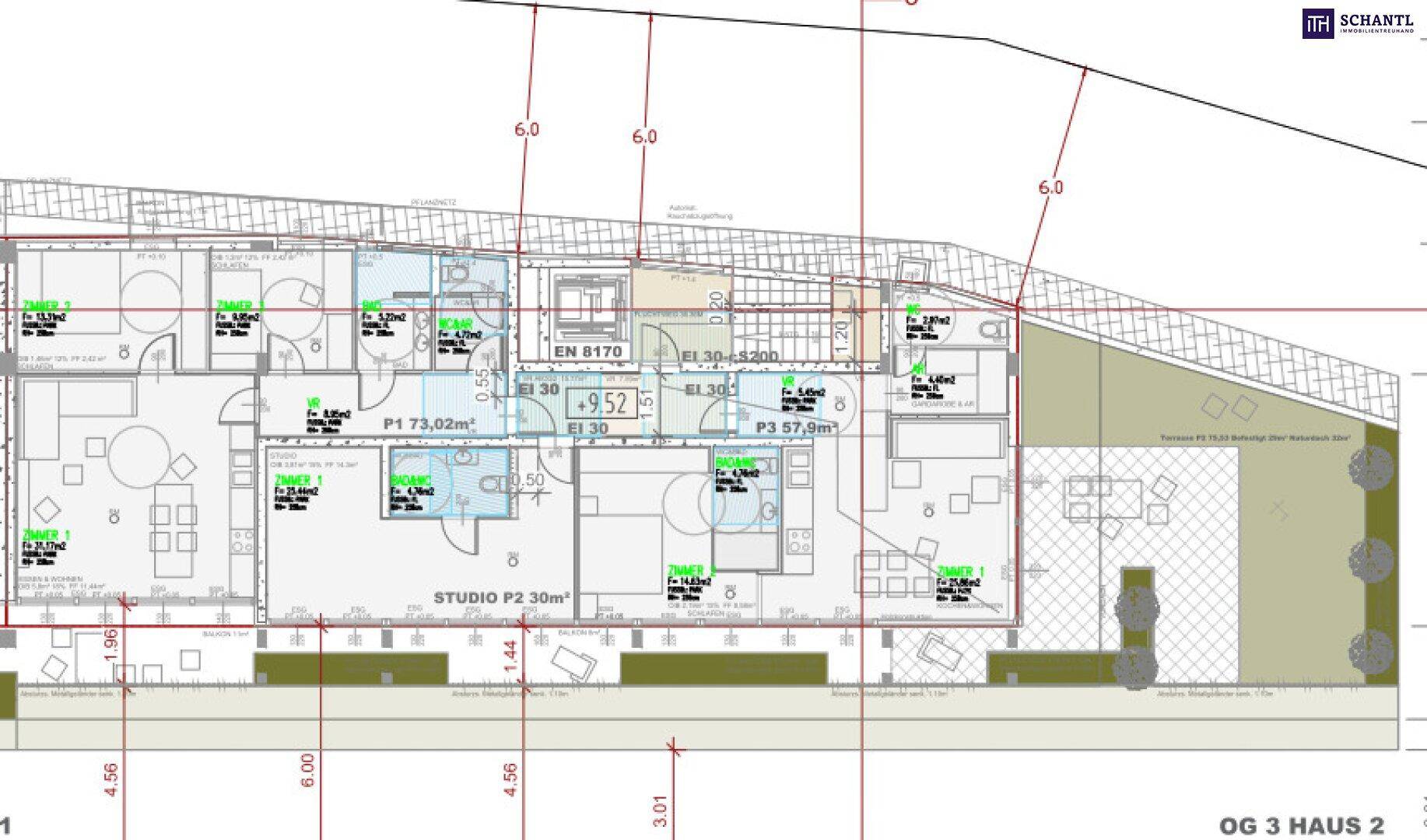 Detailansicht des Grundrisses der Obergeschosswohnungen in Haus 2 mit Balkonen und optimierter Raumgestaltung.
