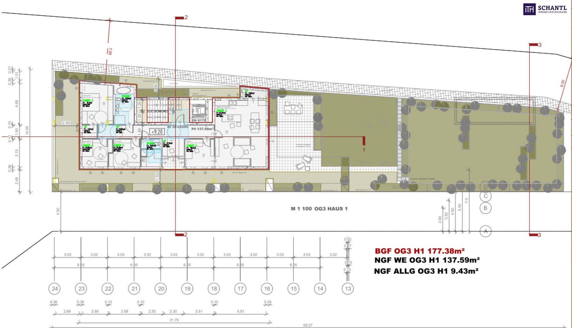 Grundriss der Dachgeschosswohnung in Haus 1 mit großer Terrasse und weitläufigem Außenbereich.