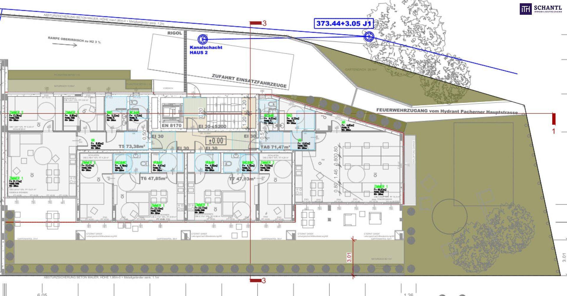 Grundriss der Erdgeschosswohnungen in Haus 2 mit privaten Terrassen und Gartenbereichen.