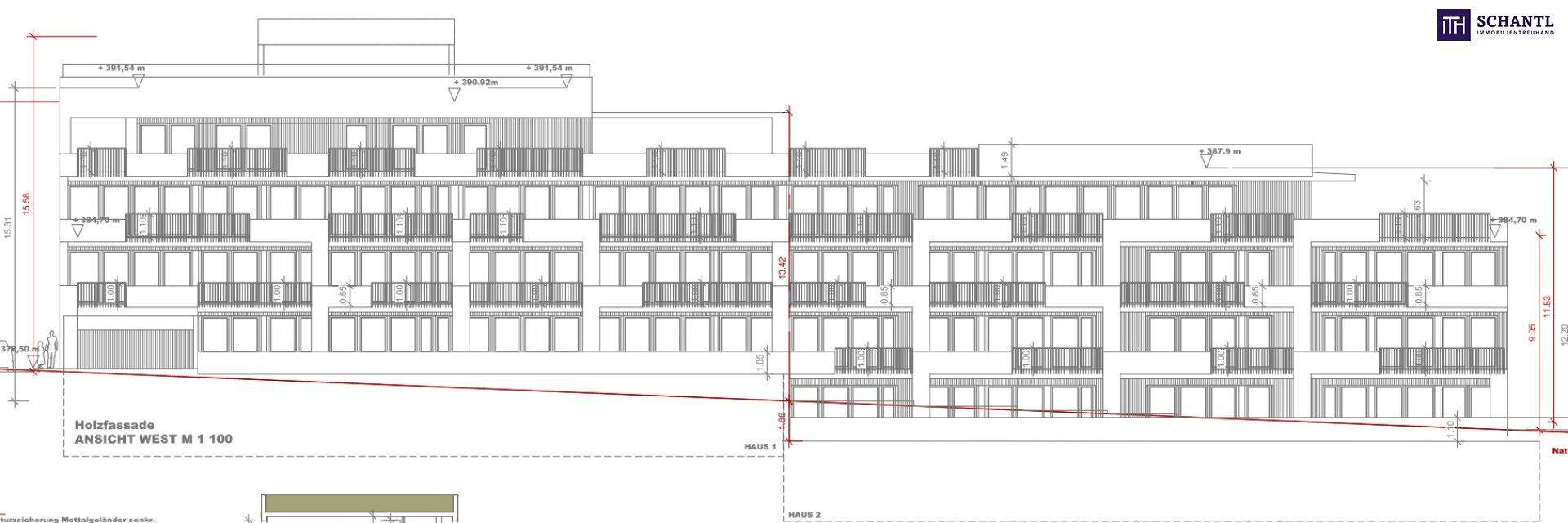 Technischer Plan der Westfassade des Gebäudes mit detaillierten Abmessungen und Balkonen.