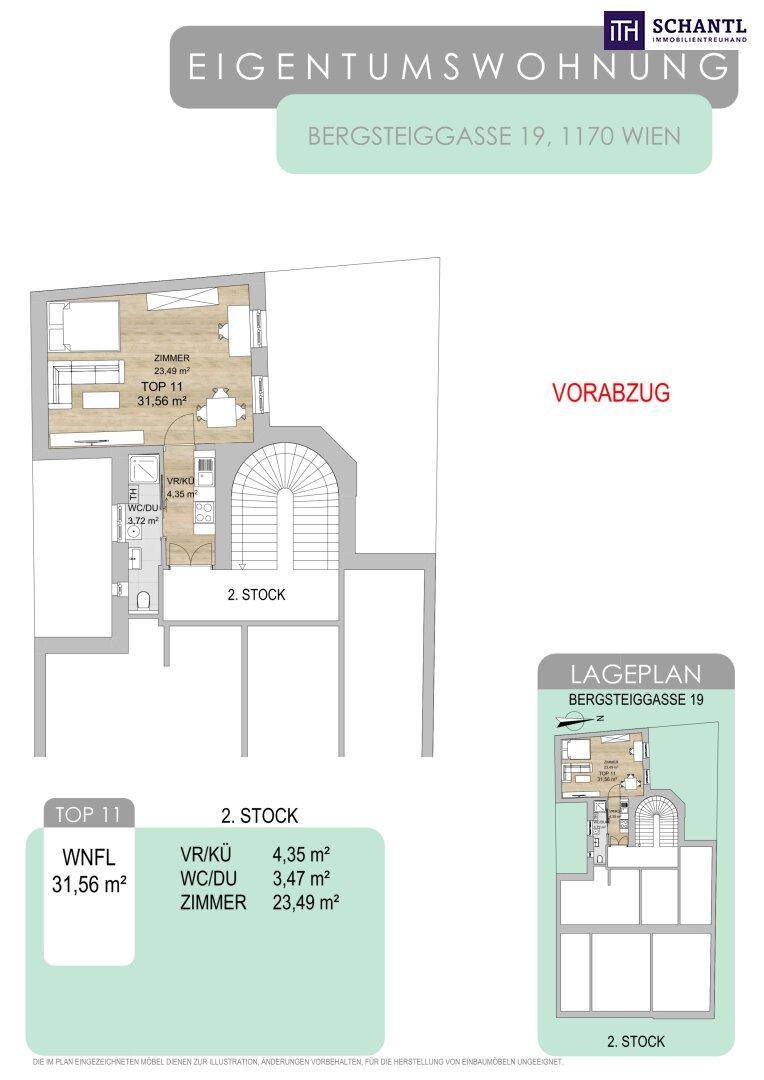Grundrissplan einer Eigentumswohnung in der Bergsteiggasse 19, 1170 Wien.