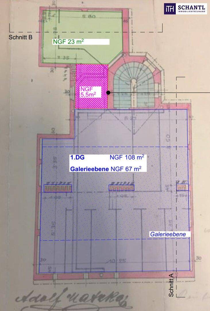 Grundrissplan mit Flächenangaben und der Aufteilung der Räumlichkeiten auf zwei Ebenen.
