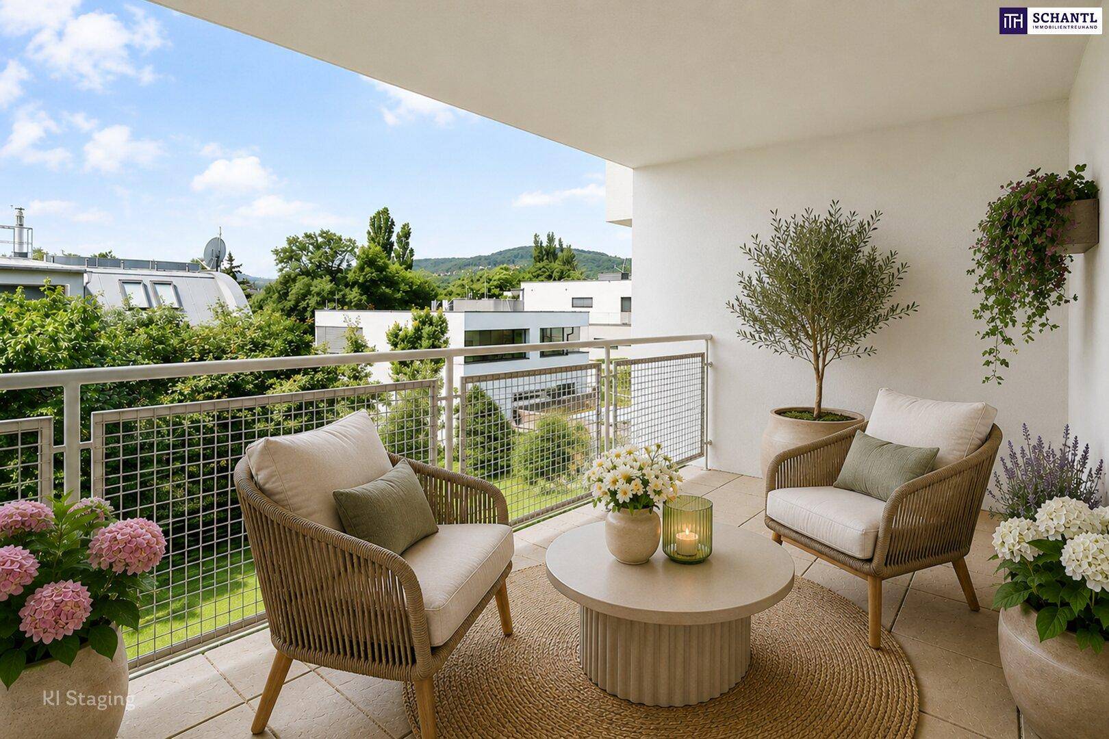 Gemütlicher Balkon mit bequemen Outdoor-Sesseln, Pflanzen und weitem Blick ins Grüne.