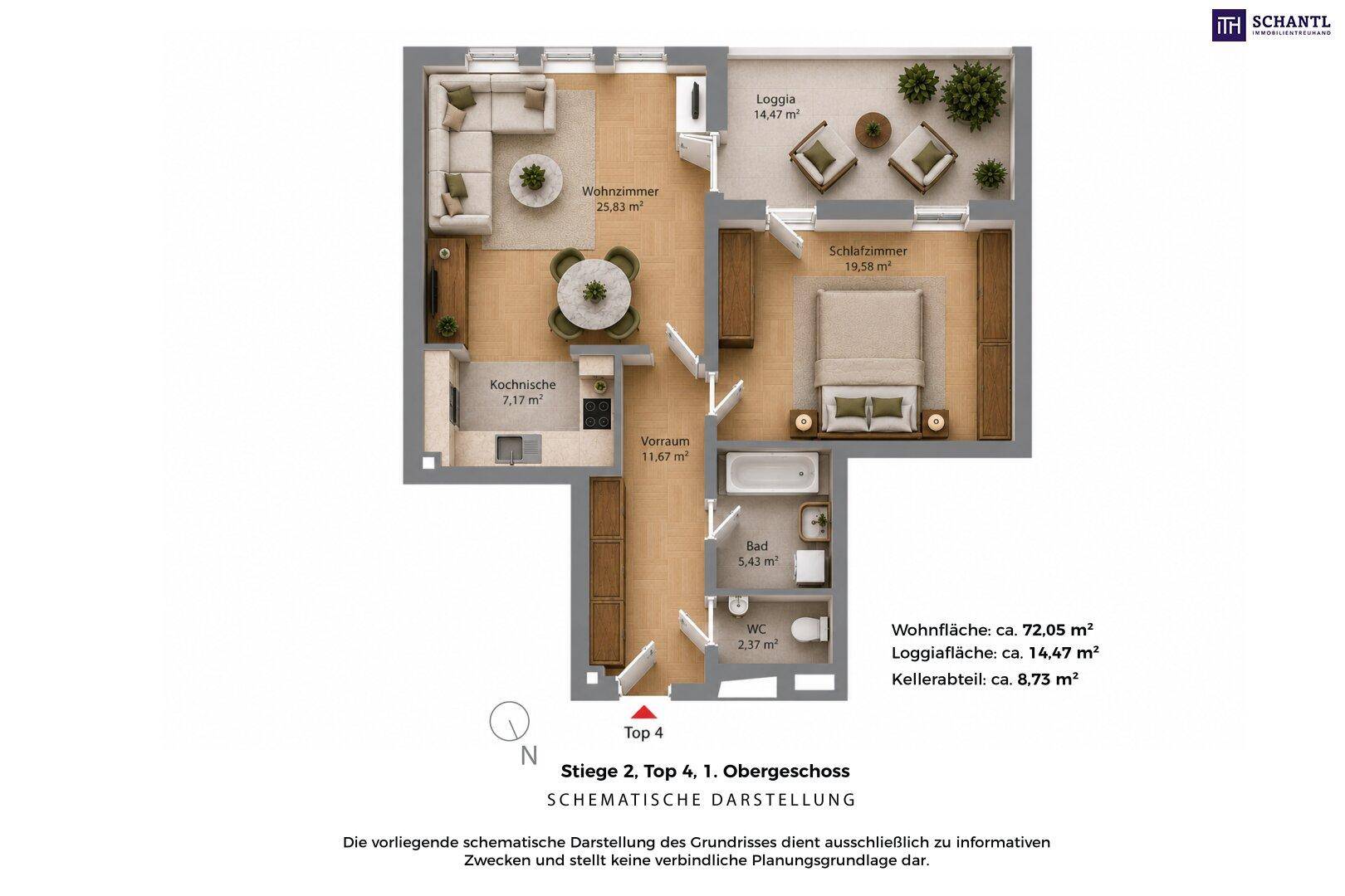 Detaillierter Grundriss einer Wohnung mit Loggia, Schlafzimmer und offenem Wohnbereich.