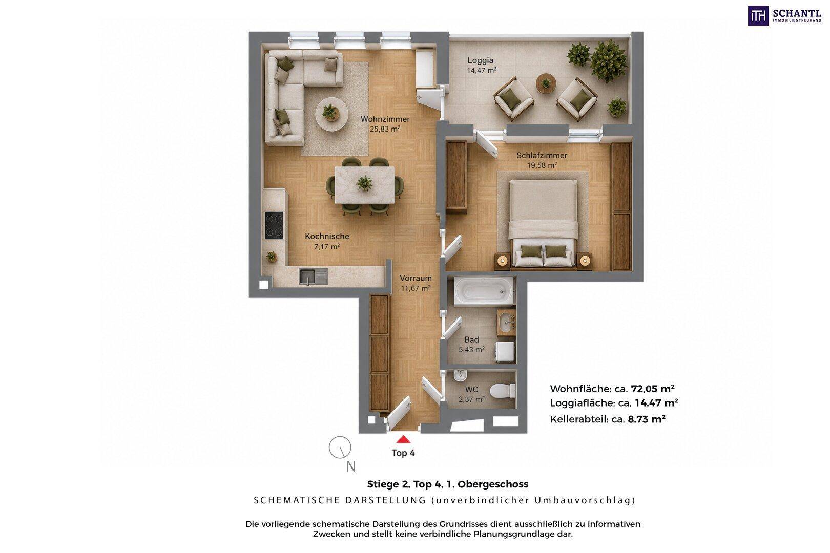 Schematische Darstellung des Grundrisses mit Wohnzimmer, Schlafzimmer und Loggia.