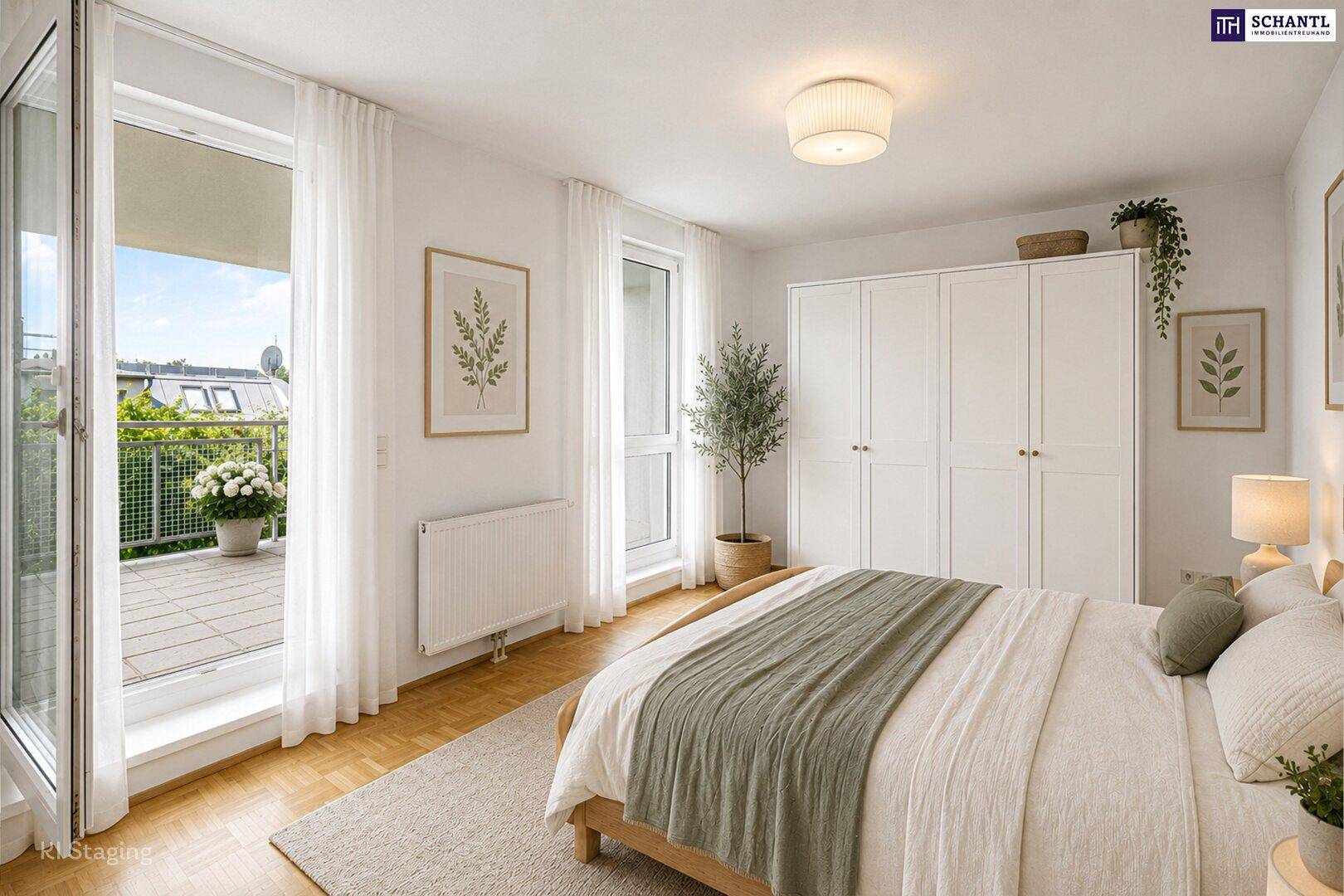 Helles Schlafzimmer mit modernem Bett, Einbauschrank und direktem Zugang zum Balkon.