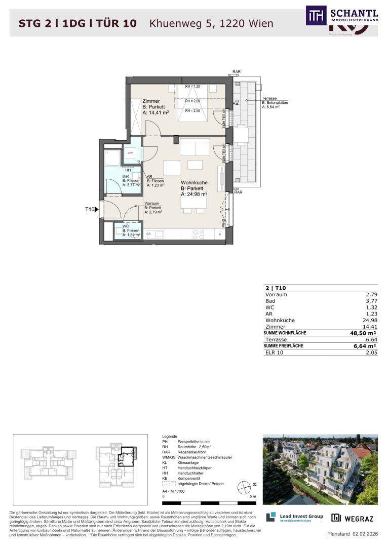 Grundriss einer Wohnung mit Wohnküche, Schlafzimmer und Balkon, inklusive Flächenangaben.