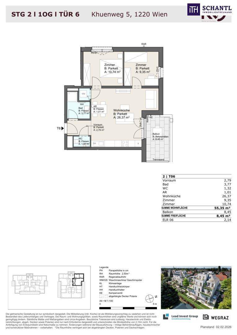 Detaillierter Grundriss einer Wohnung mit zwei Zimmern, Wohnküche und Balkon.