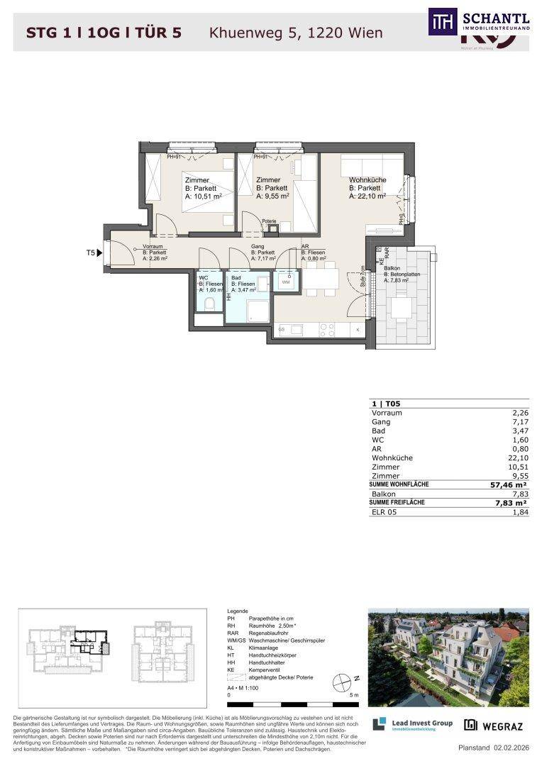 Detaillierter Grundriss einer Wohnung mit mehreren Zimmern, Wohnküche und Balkon.