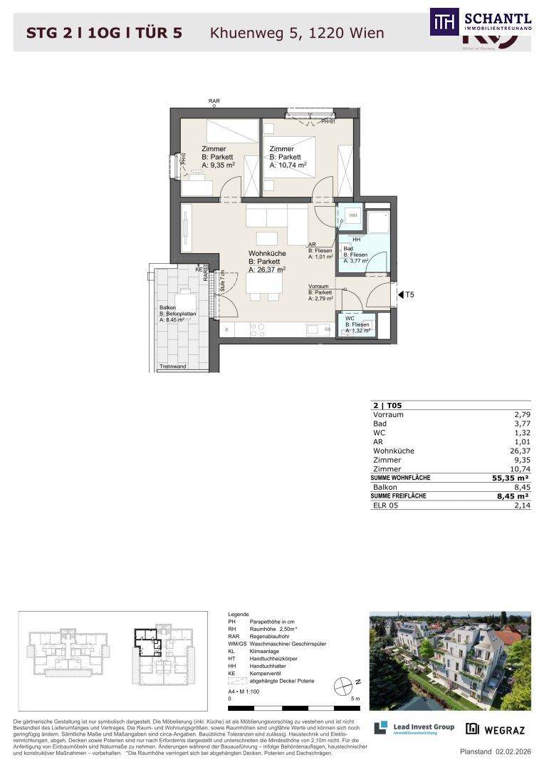 Detaillierter Grundriss einer Wohnung mit drei Zimmern, Balkon und Flächenangaben.