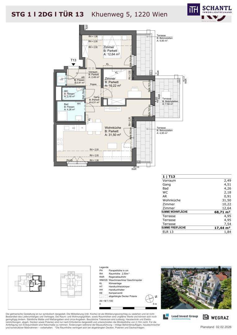 Detaillierter Grundriss einer Wohnung mit mehreren Zimmern und Terrasse.