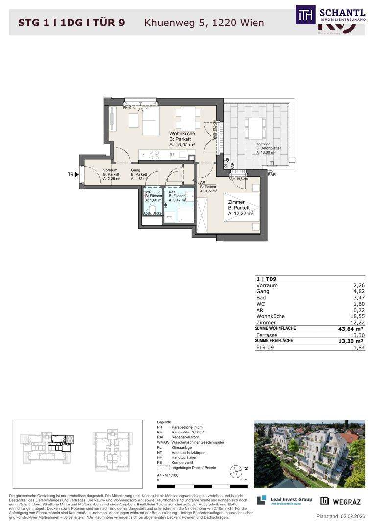 Detaillierter Grundriss einer modernen Wohnung mit offener Wohnküche, Schlafzimmer und großer Terrasse.