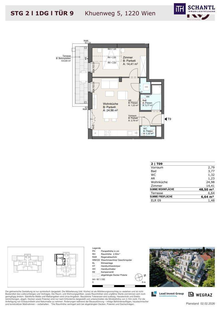 Grundriss einer Wohnung mit Wohnküche, Schlafzimmern und einem Balkon.