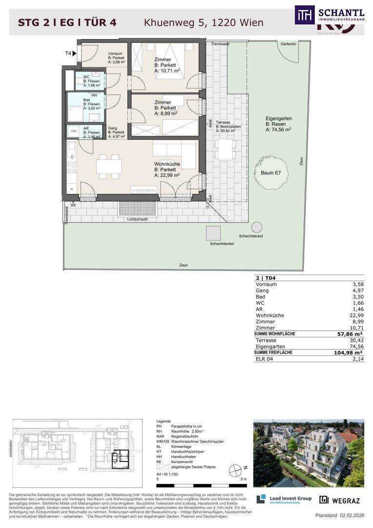 Detaillierter Grundriss einer modernen Wohnung mit offenem Wohnbereich, Garten und Terrasse.