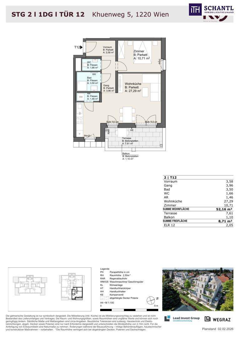 Detaillierter Grundriss einer Wohnung mit Wohnküche, Schlafzimmer, Bad, WC und Terrasse.