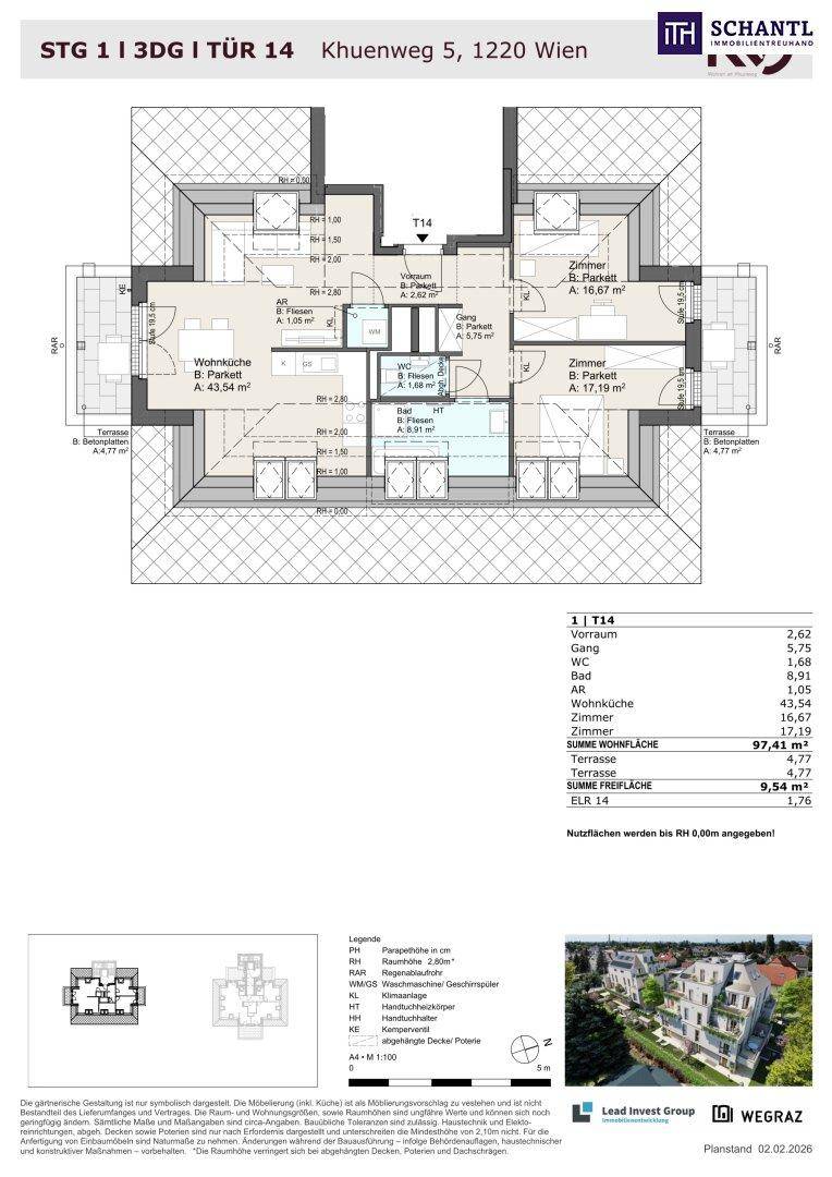 Detaillierter Grundriss einer Wohnung mit drei Zimmern, offener Wohnküche und Terrasse.
