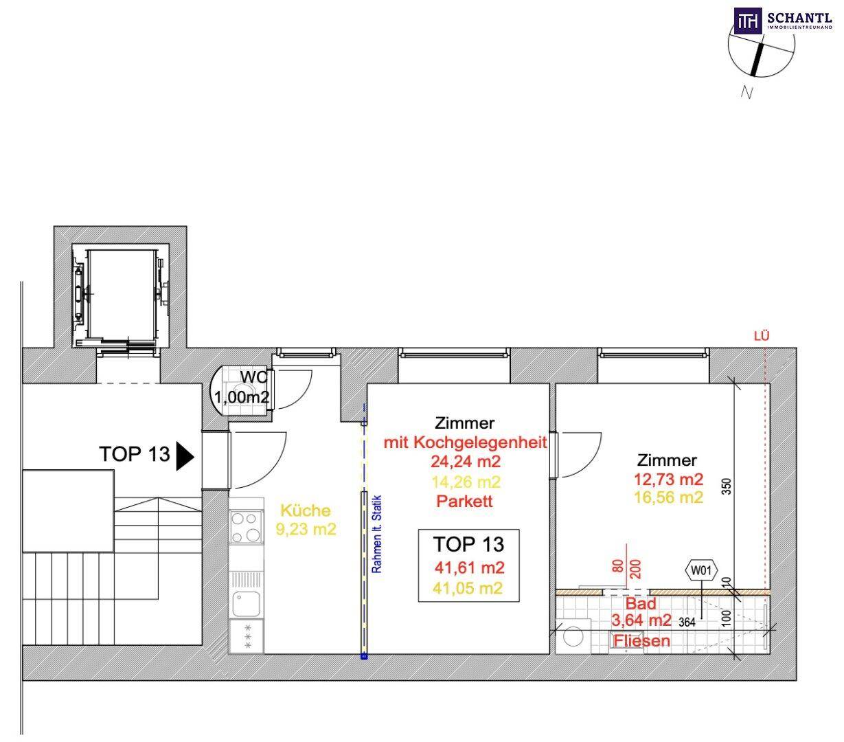 Grundriss der Wohnung Top 13 mit Zimmern, Küche und Bad, inklusive aller wichtigen Flächenangaben.