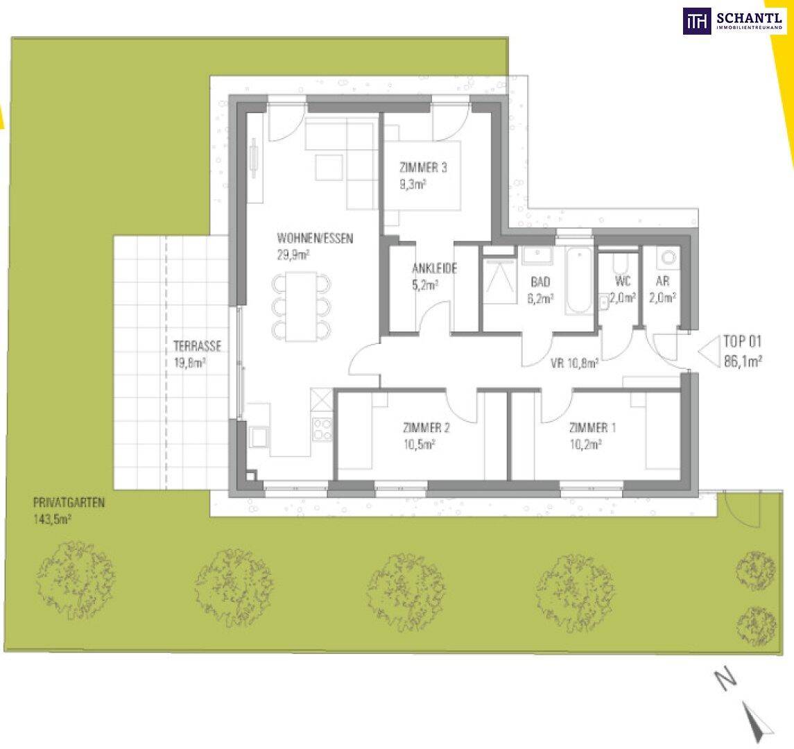Grundriss einer Wohnung mit Wohn-Essbereich, drei Zimmern, Ankleide, Bad, WC, Terrasse und Privatgarten.