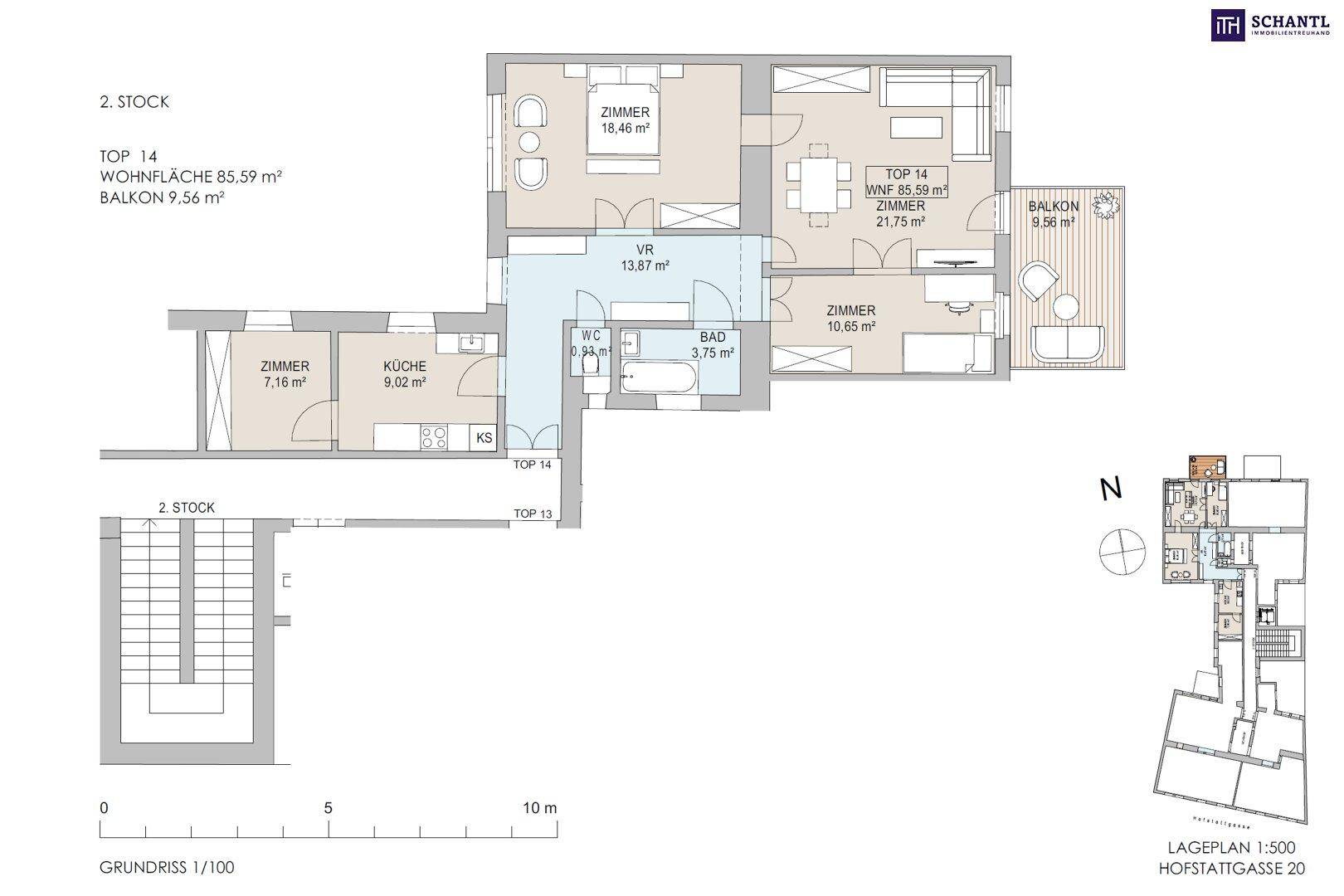 Grundriss der Wohnung Top 14 im 2. Stock mit 85,59 m² Wohnfläche und 9,56 m² Balkon.