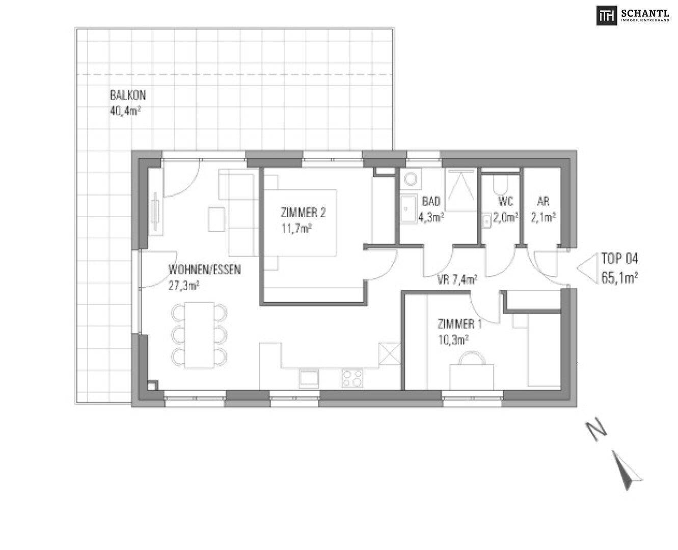 Grundriss der Wohnung TOP 04 mit offenem Wohn-Essbereich, zwei Zimmern und großem Balkon.