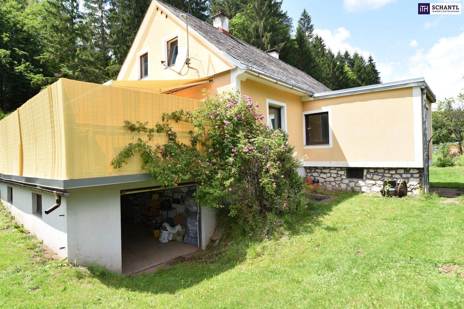 Seitenansicht des Hauses mit blühenden Rosen am Balkon und Zugang zur Garage im Untergeschoss.