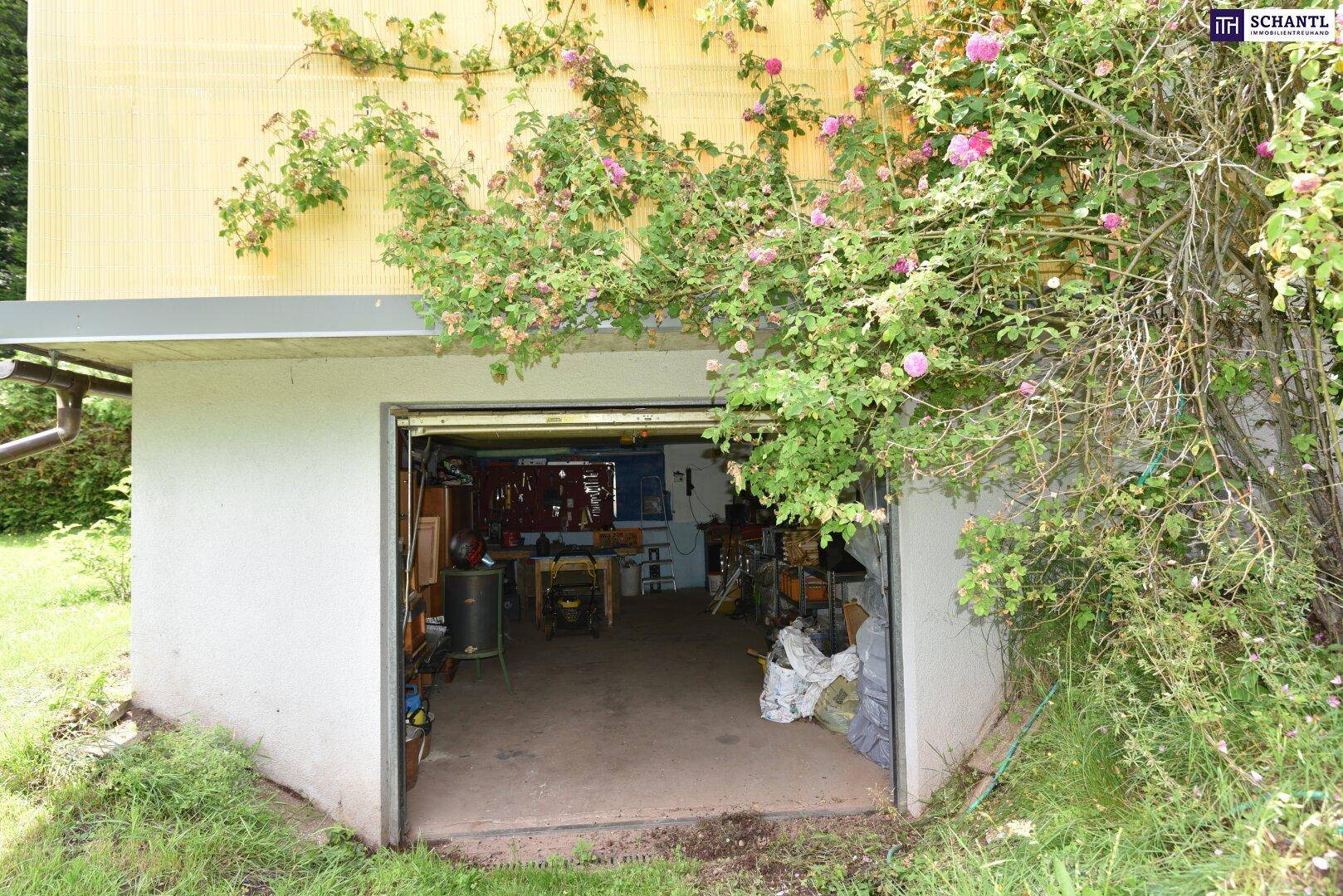 Offene Garagentür, die einen Blick in den Werkstattbereich mit verschiedenen Werkzeugen und Geräten freigibt.