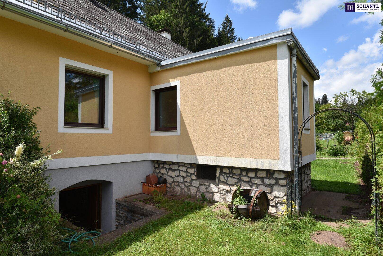 Seitenansicht des Hauses mit Steinsockel und Zugang zum Keller, umgeben von grünem Rasen.