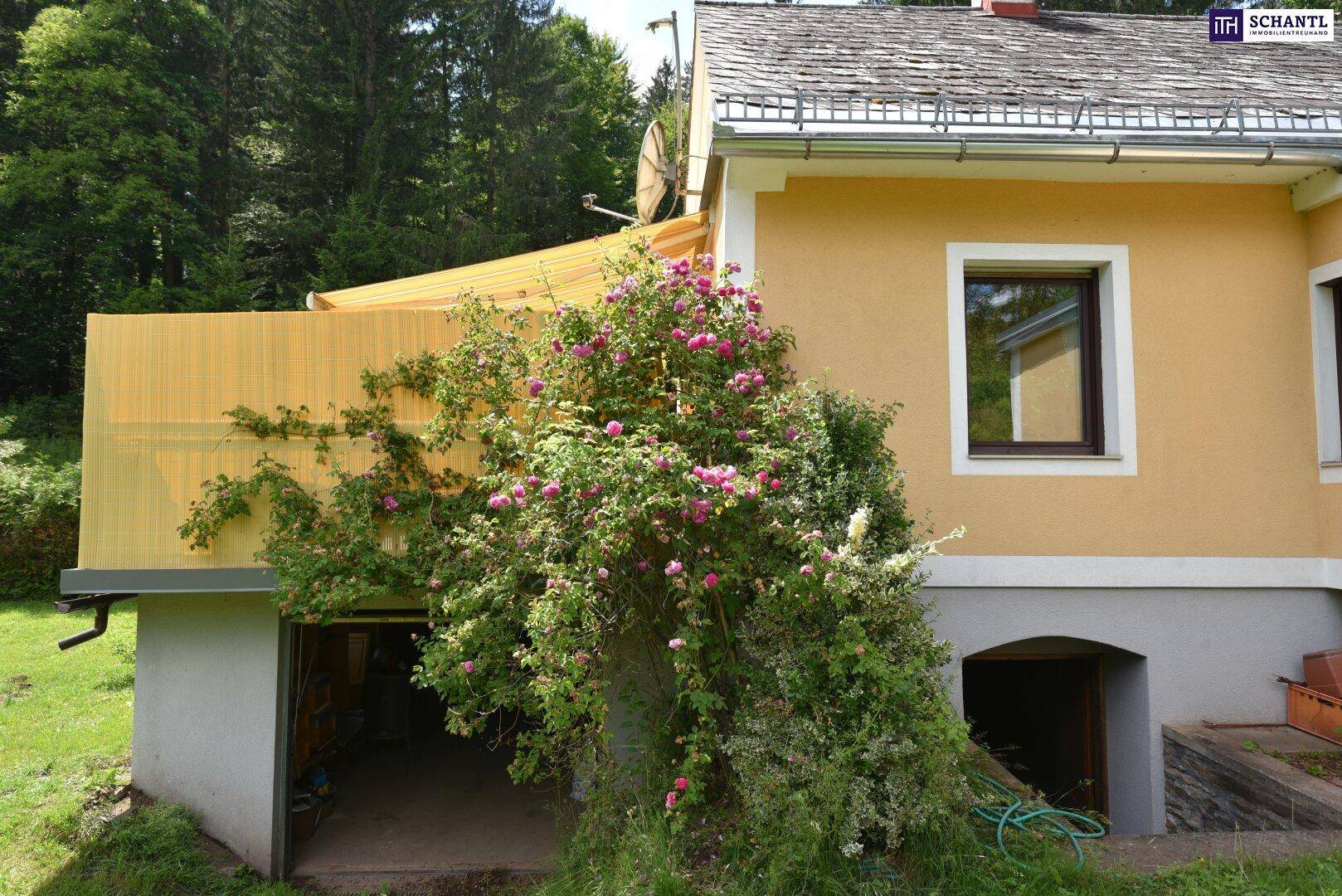Hausansicht mit blühenden Rosen am Balkon und Zugang zur Garage, umgeben von üppigem Grün.