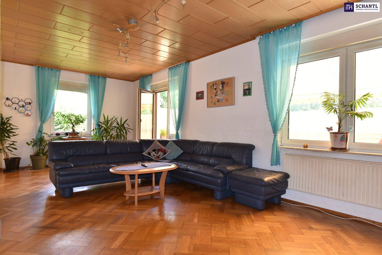 Gemütliches Wohnzimmer mit Ledersofa, Holzdecke und großen Fenstern mit Blick ins Grüne.