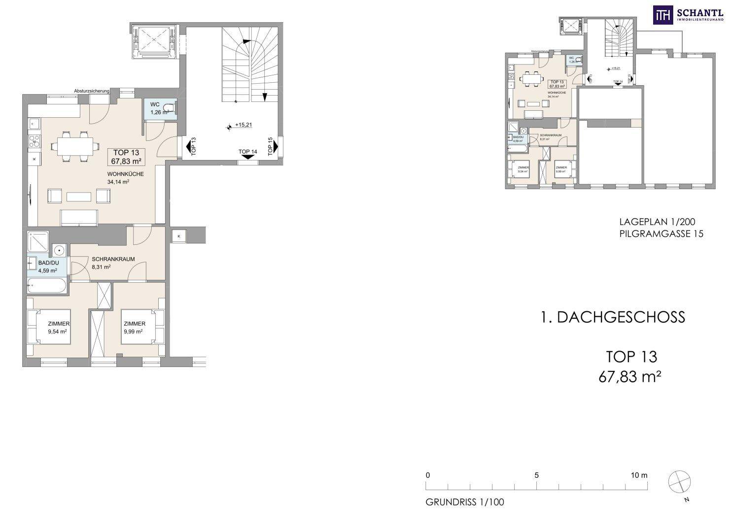 Grundriss einer Dachgeschosswohnung mit offener Wohnküche, zwei Schlafzimmern, Bad und separatem WC.
