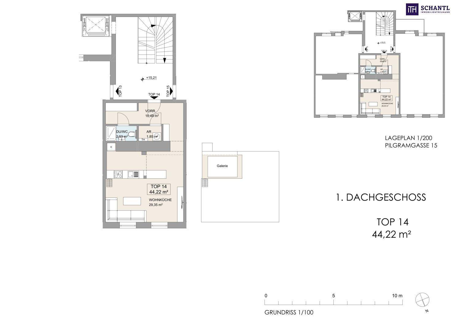 Detaillierter Grundriss einer zweistöckigen Dachgeschosswohnung mit offener Wohnküche, Bad und Galerie.