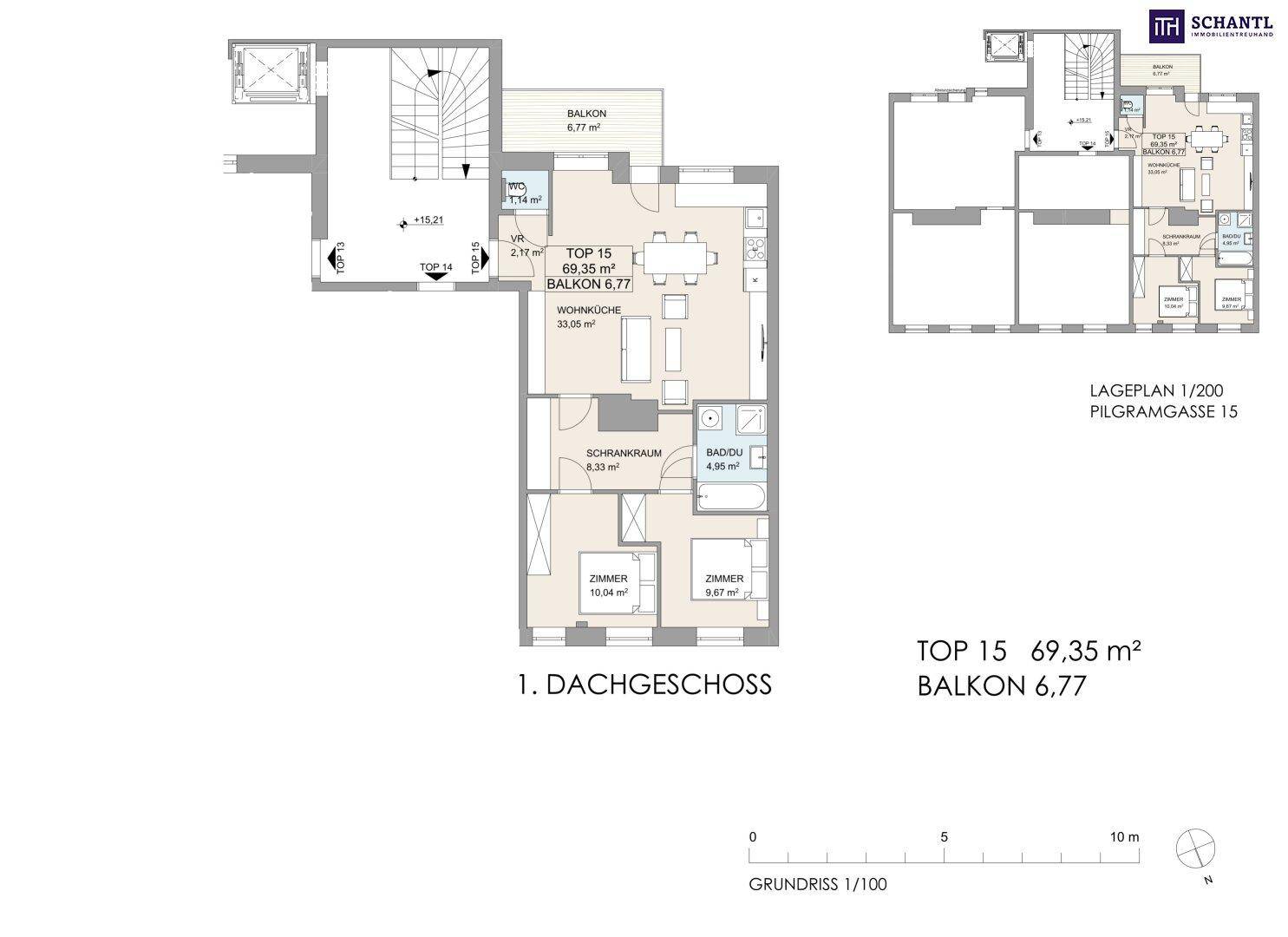 Detaillierter Grundriss einer Dachgeschosswohnung mit offener Wohnküche, Balkon, zwei Schlafzimmern und separatem WC.