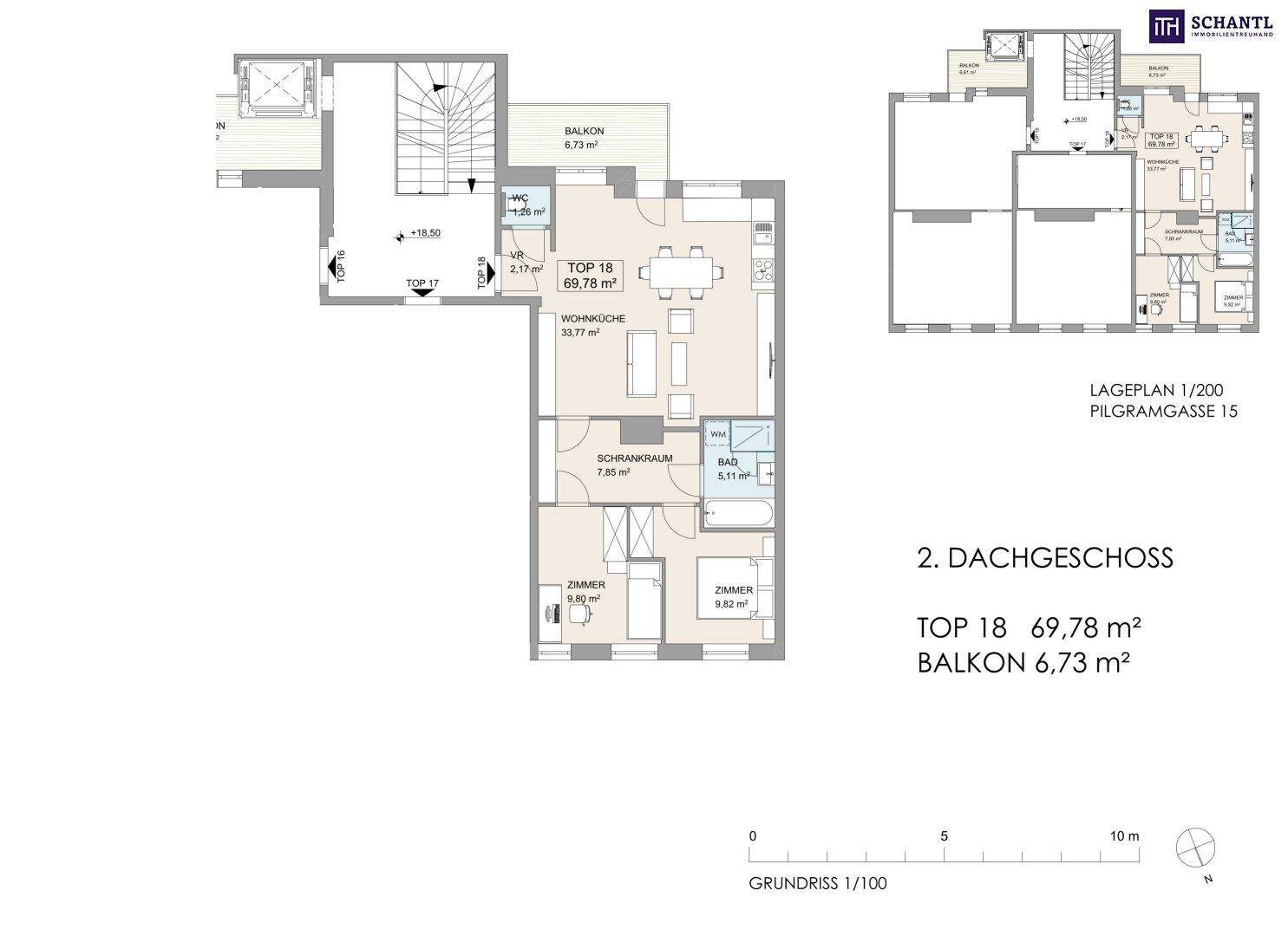 Detaillierter Grundriss des Dachgeschosses mit Wohnküche, zwei Zimmern und Balkon.